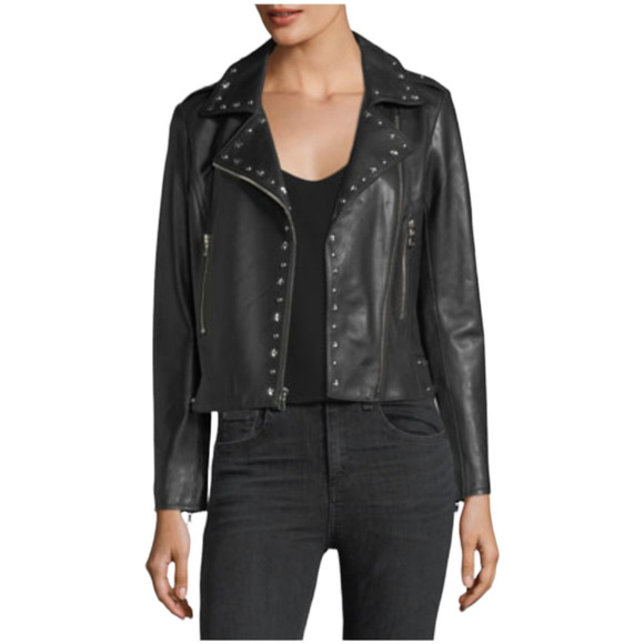 Parker Easton Black Lamb Leather Studded Biker Jacket Size XS Moto Stars Silver